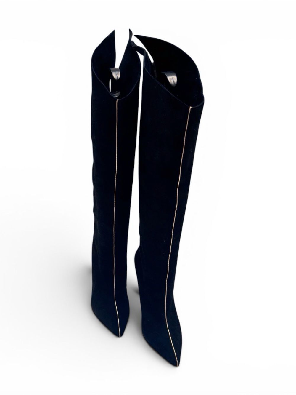 Paul Andrew Black Over-the-Knee Pointed Toe Boots with Gold Piping